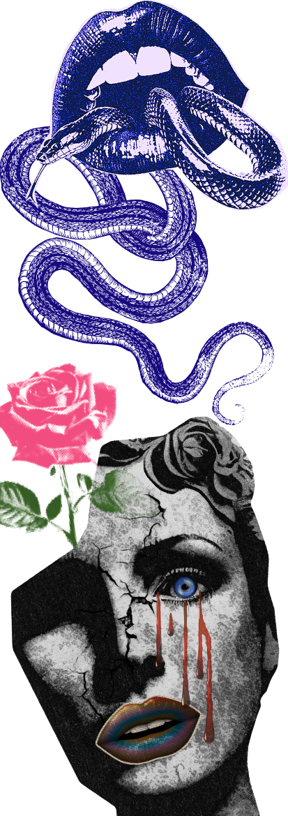 Collage of a snake coiled through bared lips above a cracked face weeping blood beside a pink rose
